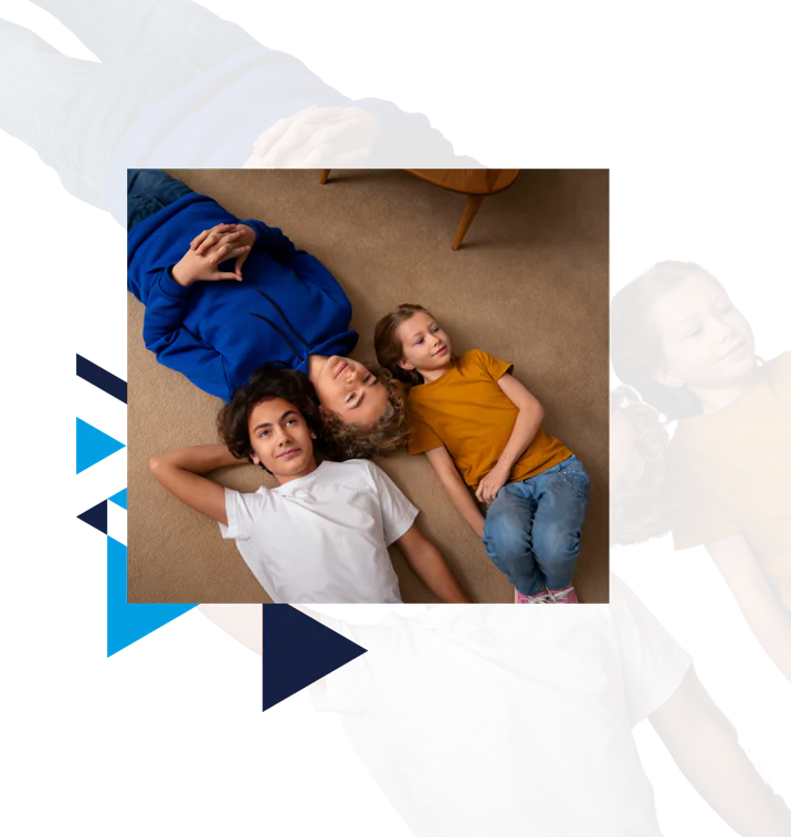 Family relaxing on the floor of a clean home