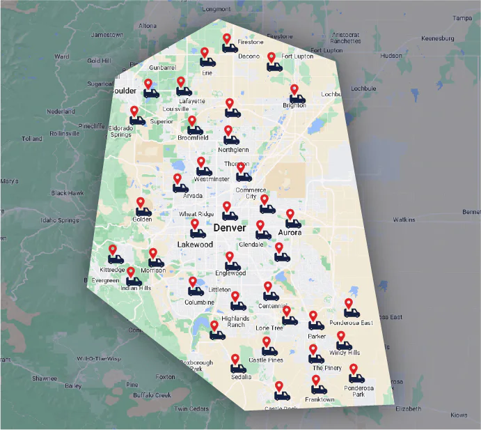 Service area map covering Denver and surrounding cities